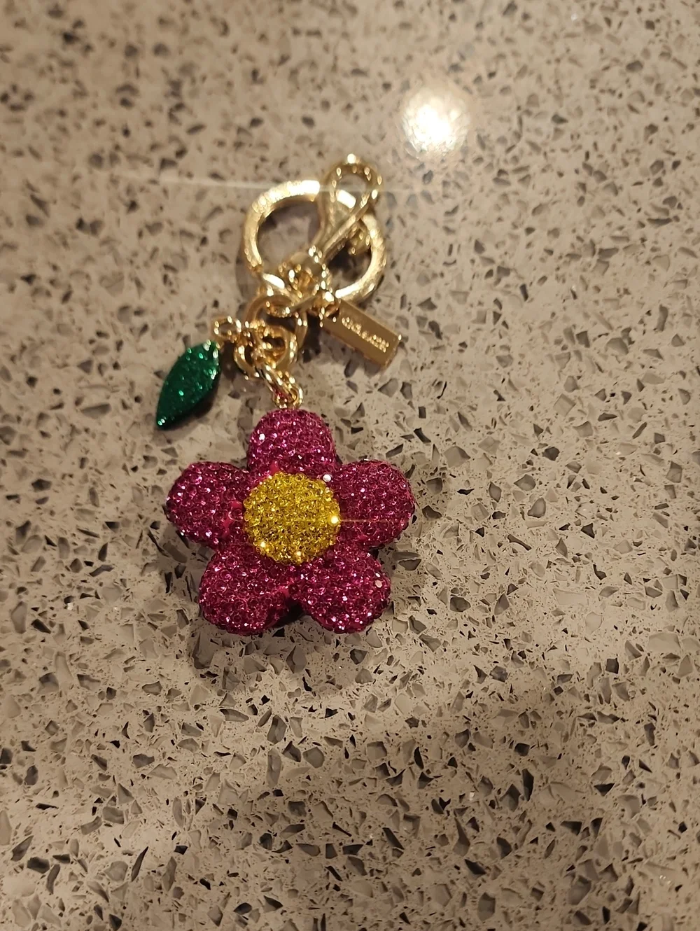 Coach StyleGold-Tone Pink Flower Charm Keyring with Yellow Center and Green Leaf